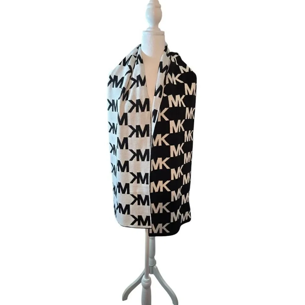 Michael Kors Women's Black/White MK Logo Reversible 65x10 Rectangle Scarf